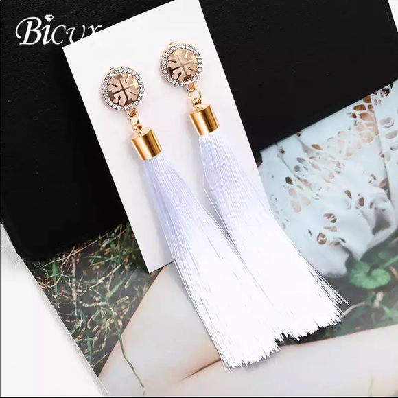 Jewelry - NEW Bohemian Tassel Crystal Long Earrings White